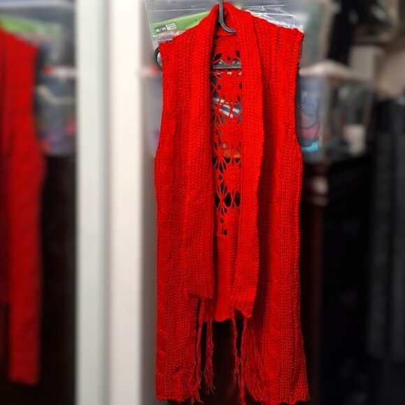 Red Knitted Cardigan Vest Sweater with Crochet Detail - Picture 6 of 9